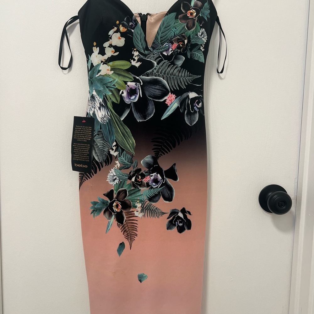 Bebe Strapless Black and Pink Floral Dress